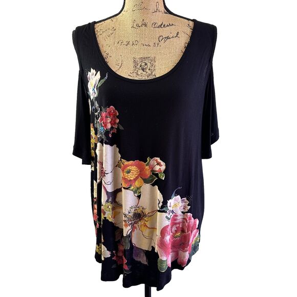 Desigual Womens Black Floral Beaded Cold-Shoulder Flowy Tunic T-Shirt Top Sz M - Picture 1 of 11